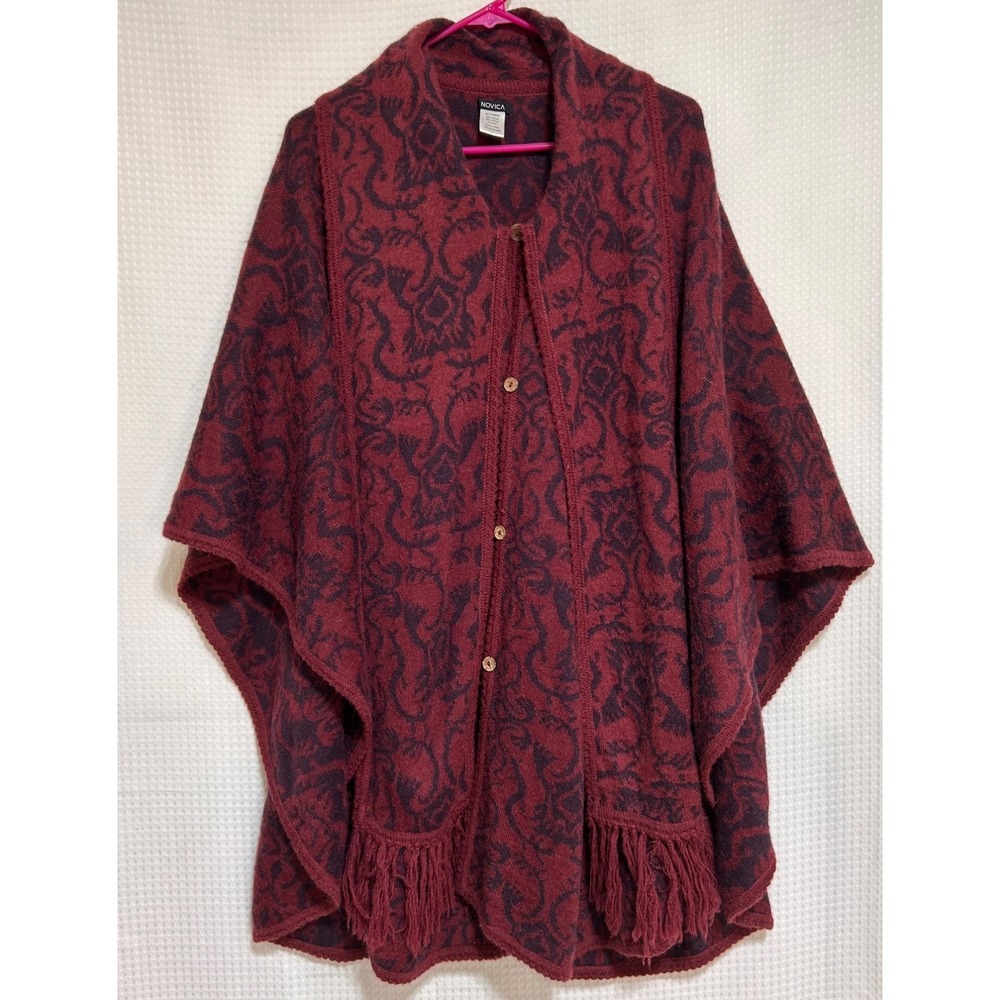 Novica Peruvian Alpaca Blend Poncho OS Jacket Cardigan Cozy Fall Burgundy b4 - Picture 10 of 10